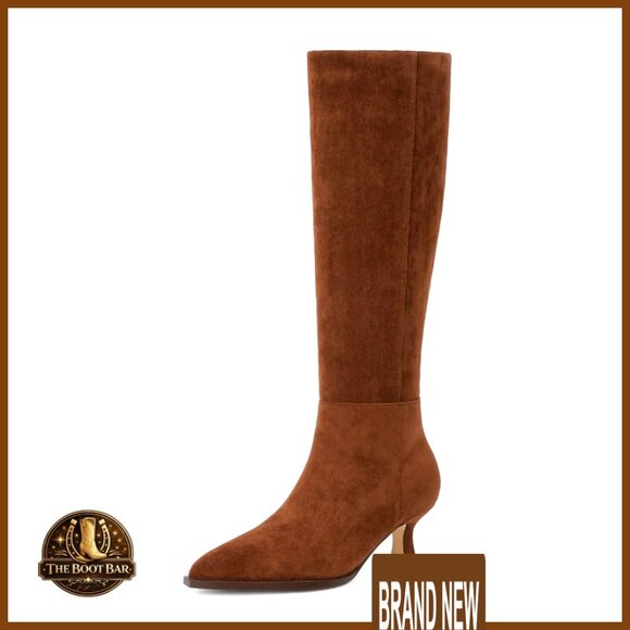 Kitten Heel Knee High Boots Faux Leather Pointed Toe Side Zipper Elegant Chic